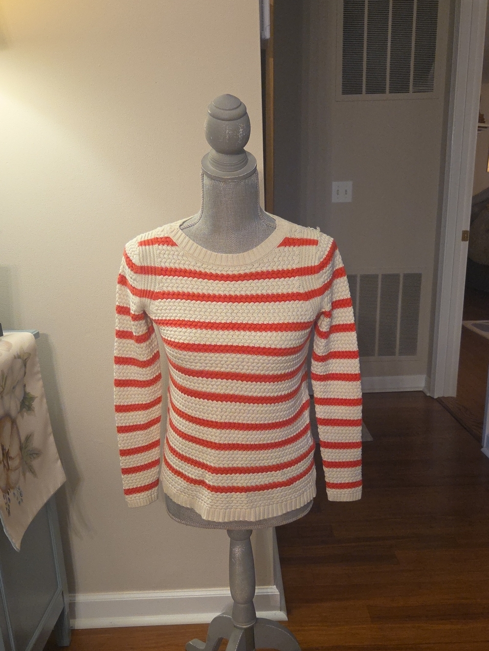 Talbots Cotton Cream Sweater with Coral Stripe Detail.